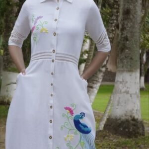 Caftán Blanco Pavo Real Encantado - Nueva Coleccion 2024 Flores de Lino