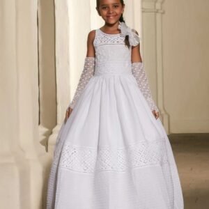 Vestido primera comunión manga sisa bordado en sesgos y tejidos