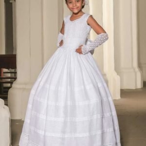Vestido primera comunión manga corta con tejido en arañas y sesgos