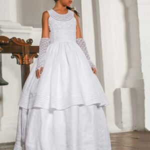 Vestido Primera Comunión Doble Falda Bordado en Sesgos y Rococó