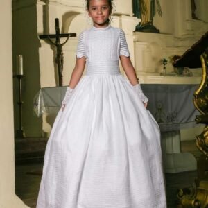 Vestido primera comunión manga corta bordado en sesgos