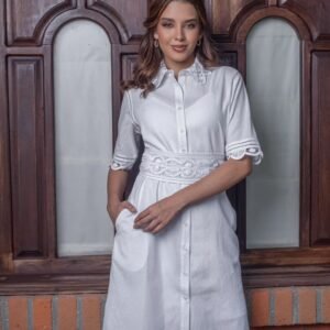 Vestido Blanco Clásica Distinción - Nueva Coleccion 2024 Flores de Lino