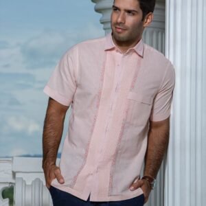 Guayabera y Camisa Artesanal Rosa Palo Manga Corta Alforzas Calado