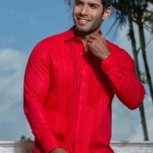 Camisa y Guayabera Artesanal Naranja Manga Larga Calado y Randas