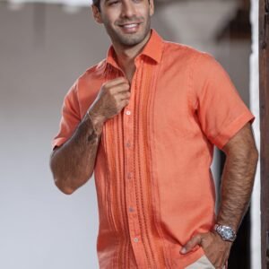 Guayabera 100% Rami Naranja con Bordados Hechos a Mano