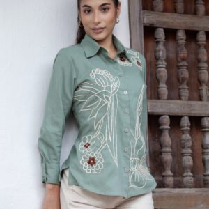 Frixio La Variante tradición bordada en el camino 2 Blusa de Lino Verde Oliva Bordado Artesanal Absolut