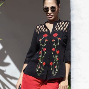 Frixio La Variante tradición bordada en el camino 5 Blusa Negra de Manga 3/4 con Bordado Artesanal