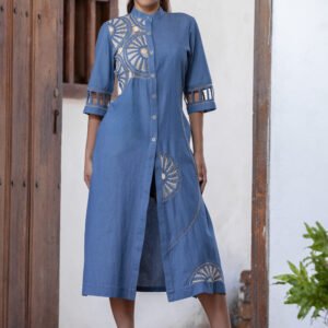 Kaftán Artesanal Índigo Claro Cuello Neru Trama Celeste