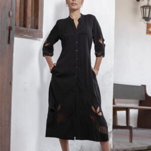 Kaftán Negro de Tela Canali con Bordado Eterno Artesanal