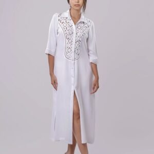 CAFTÁN BLANCO MANGA 3/4,- CON SESGOS BORDADO EN PATECABRA ARAÑAS Y ABANICO